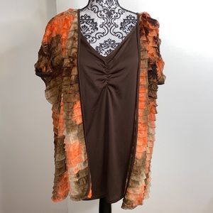 Essentials Size 3X Brown/Orange Ruffled Shirt